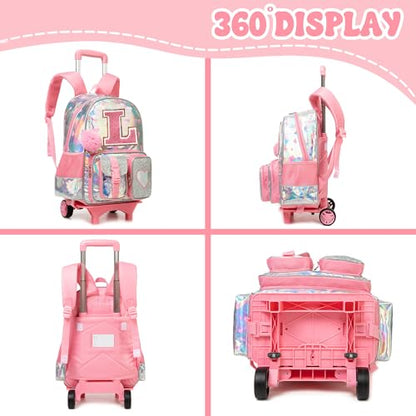 HTgroce Cute Rolling Backpack with Wheel,School Backpack for Kids Girl Roller Schoolbag Wheeled Backpacks Set Carry-on Luggage,Pink - color: Pink, style: L