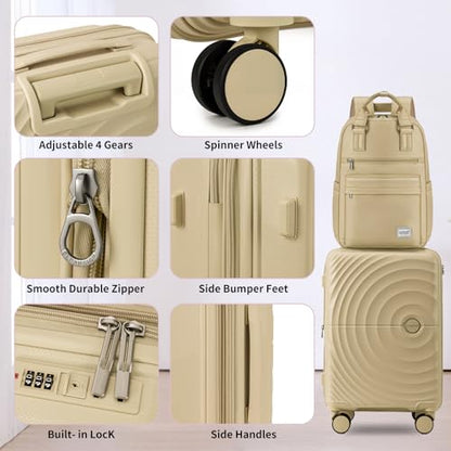LARVENDER Expandable Carry On 3 Piece Luggage Set with Backpack 20 Inch | Champagne, PP Hardshell Checked Luggage, Suitcase Set for Women, Spinner Wheels, Lightweight,22x14x9 Airline Approved - color: Champagne, style: 3 Piece Sets