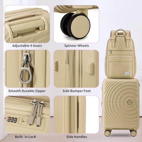 LARVENDER Expandable Carry On 3 Piece Luggage Set with Backpack 20 Inch - color: Champagne, style: 3 Piece Sets