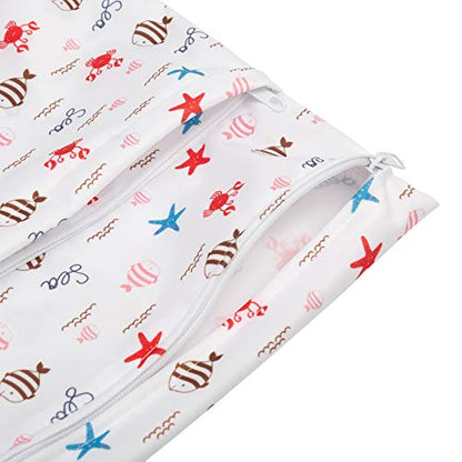 ALVA 2pcs Wet Dry Bags for Diaper Bag Waterproof Reusable with Two Pockets - color: Sea animals