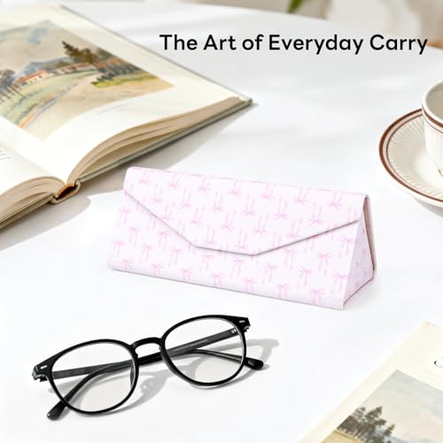Sunglasses Case, Foldable Glasses Case, Magnetic PU Leather Hard Shell Folding Eyeglass Holder Box - color: Pink Bow