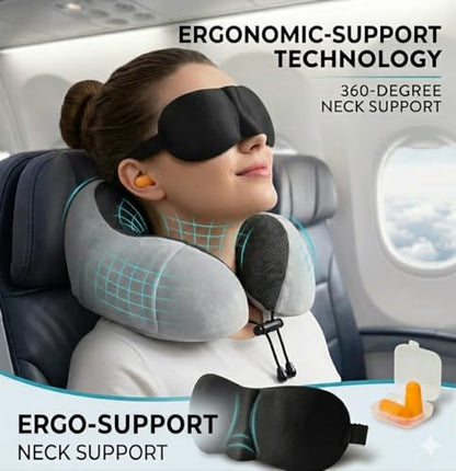 Airplane Travel Neck Pillow, 100% Memory Foam Ergonomic Neck Support, Airplanes Neck Pillow with Washable Cover Travel Essential for Flight & Office include Eye Mask, Earplugs & Carry Bag (Light Gray) - color: Light Gray
