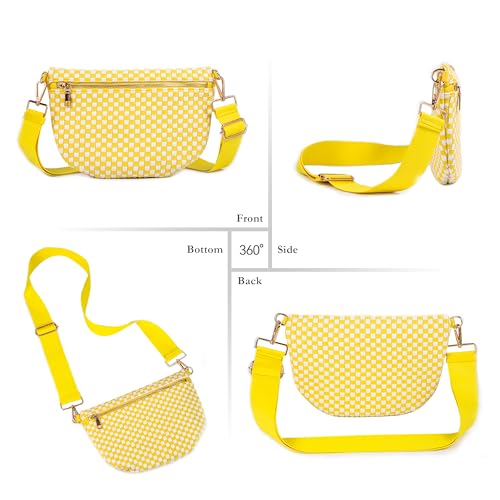Woven Crossbody Bag for Women, Checkered PU Bum Bag Sling Purse with Adjustable Strap for Travel, Festivals - color: Lemon Yellow & White Checkered Woven