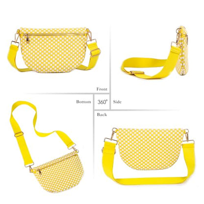 Woven Crossbody Bag for Women, Checkered PU Bum Bag Sling Purse with Adjustable Strap for Travel, Festivals - color: Lemon Yellow & White Checkered Woven