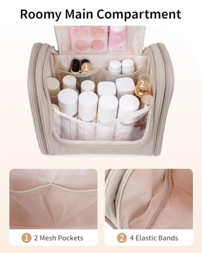 Narwey Hanging Toiletry Bag for Women, Quilted Travel Cosmetic Makeup Bag - color: Khaki