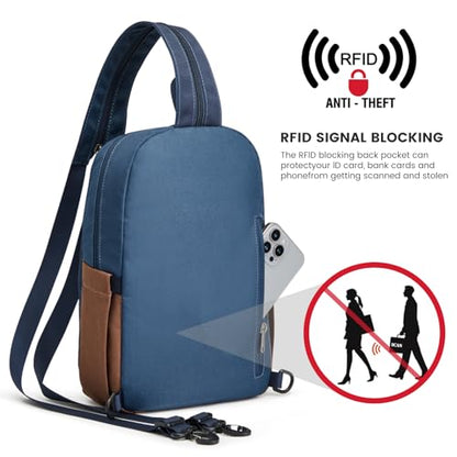 G4Free Small RFlD Crossbody Backpack Convertible Lightweight Mini Sling Bag for Women Men for Travel & Hiking - color: Blue and Brown