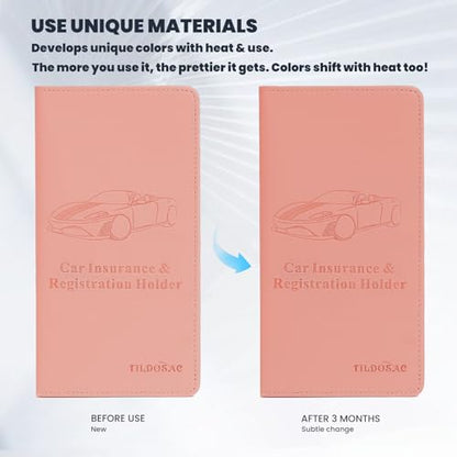 TILDOSAC Car Registration & Insurance Card Holder Leather Auto Glove Box Organizer Document Wallet with Magnetic Shut - color: Standard Pink Upgraded