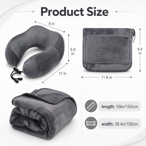 Travel Blanket and Pillow Set - Neck Pillow Airplane Essentials, Dark Grey - color: Dark Grey