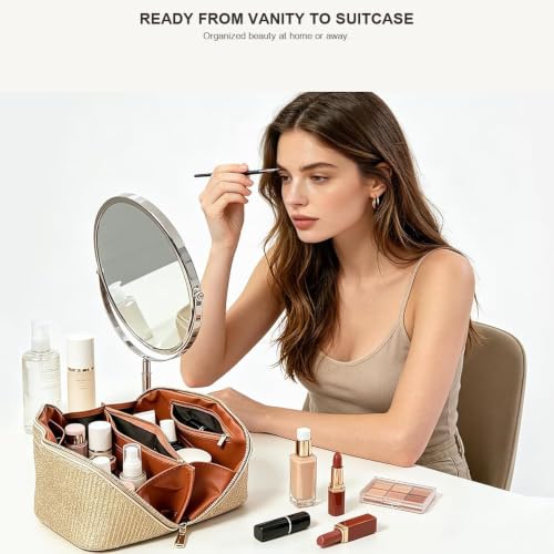 Makeup Organizer Bag, Travel Cosmetic Bag with Compartments, Gold - color: Gold