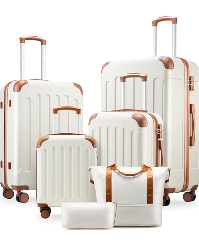 YOETEY Luggage Sets 6 Piece, Hardside Suitcase with Wheels, TSA Approved,Tote Bag, White Brown - color: White Brown, size: 6-Piece Set