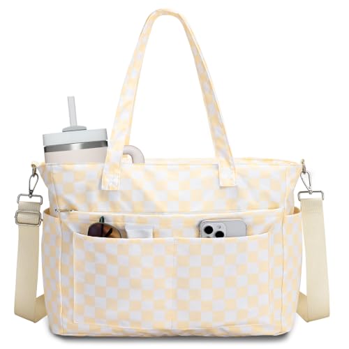 oscaurt Work Tote Bag for Women, 19 Pockets Laptop Tote, Large Teacher Tote - color: Beige Checkered