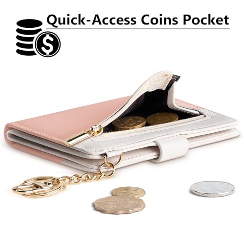 Airkit Small Wallet Women RFID, PU Leather Card Holder with Keychain - color: Pink & White