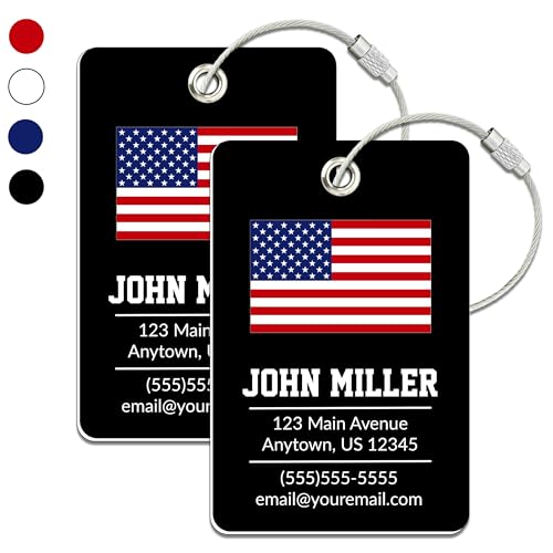 Personalized Luggage Tag with American Flag | 2 Pack | Custom Luggage Tags for Suitcases | Kids Backpack Tag | 4 Color Options & Choose Font, Font Color - color: Black, size: 2 pack - Large