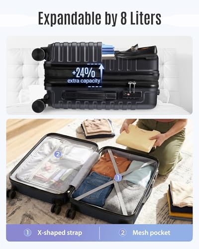 LIGHT FLIGHT Expandable 20" Carry On Luggage 22x14x9, TSA Lock, Black - color: Black