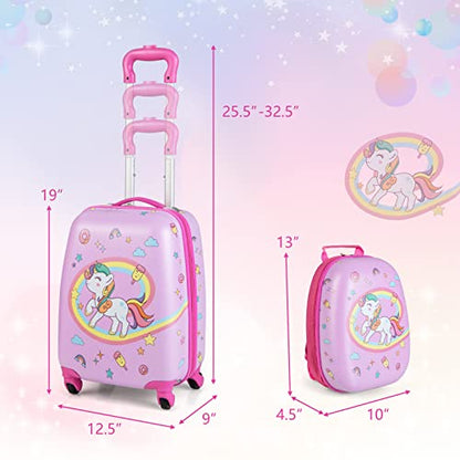GYMAX Kids Carry On Luggage Set, 12" & 16" 2PCS Rolling Suitcase - color: Unicorn