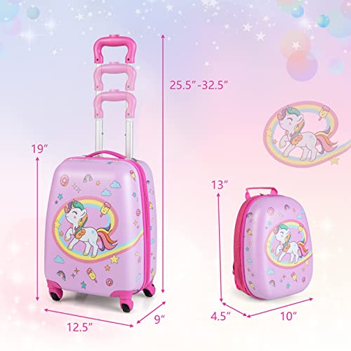 GYMAX Kids Carry On Luggage Set, 12" & 16" 2PCS Rolling Suitcase - color: Unicorn