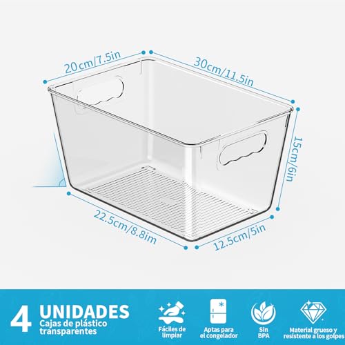 Clear Fridge Organizer Bins with Handles, 4 Pack Large 11.5×7.5×6 Inch - color: 4 Pack, size: L with Handles (11.5"L x 7.5"W x 6"H)