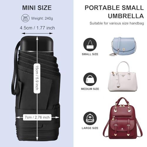 Mini Umbrella for Travel with Case Small Compact Sun Rain Tiny for Purse - color: 1010.Black