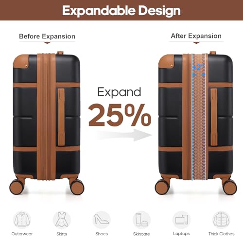 Expandable Carry On Luggage Set, 20In PC Hardside Suitcase with Backpack - color: Black