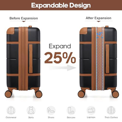 Expandable Carry On Luggage Set, 20In PC Hardside Suitcase with Backpack - color: Black