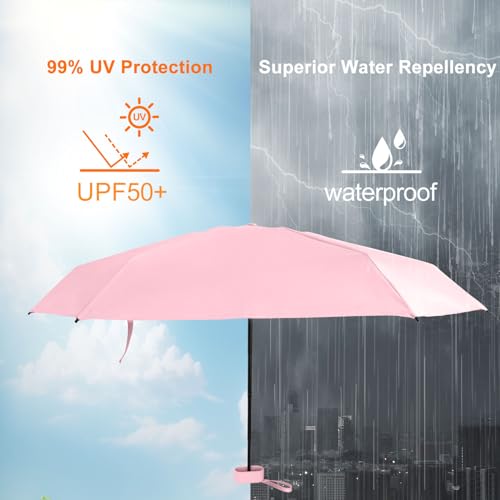 GUARAY Mini Umbrella with Case – Lightweight Folding Compact Travel Accessory, Small Sun Umbrella UV Protection for Girls, Kids & Adults, Fits in Purse Pocket Backpack - color: Pink