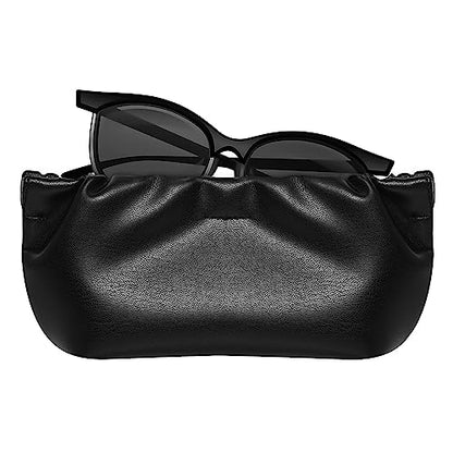 Squeeze Top Sunglass Pouch - Portable Sunglass Organizer Pouch Bags Soft PU Leather Glasses 2 Pack - color: Black