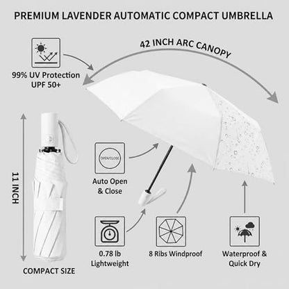 BAODINI Small UV Protection Travel Umbrella Compact for Rain and Sun UPF 50+ Windproof Portable 42 inch Umbrella for Women and Men - color: D-1-White