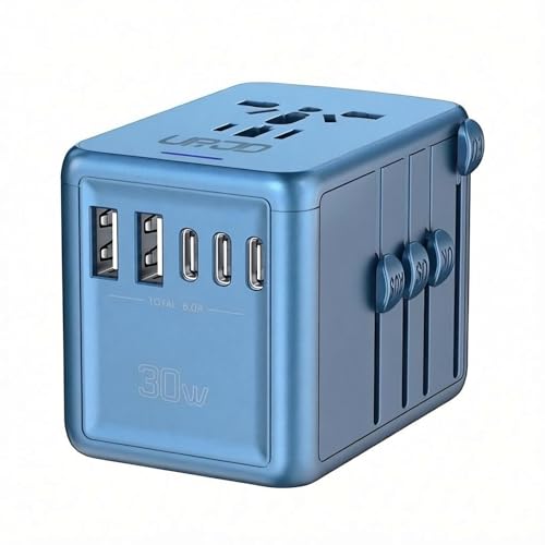Universal Travel Adapter with 5 USB C/A Ports 30W Fast Charging, Blue - color: 3 USB Type C + 2 USB Type A - Metallic Blue