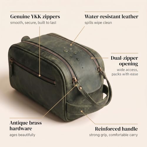 LEATHER VILLAGE Leather Toiletry Bag for Men, Travel Dopp Kit Shaving Bag - color: Olive