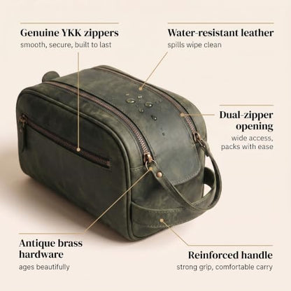 LEATHER VILLAGE Leather Toiletry Bag for Men, Travel Dopp Kit Shaving Bag - color: Olive