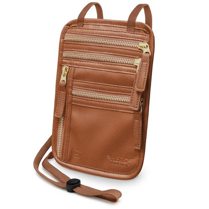 HERO Neck Wallet, RFID Blocking Vegan Leather Passport Holder Travel Pouch (Tan) - color: Tan
