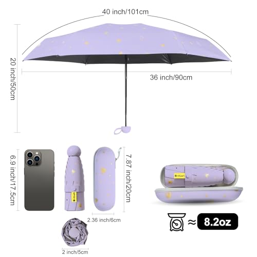 Mini Travel Umbrella, UPF 50+ Purse Umbrella with Case and Carabiner - color: Purple