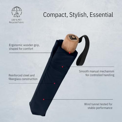 Knirps TIMBER Manual Umbrella - Compact Folding Rain Protection with German Beechwood Handle, Wind Tunnel Tested Frame, Portable Travel Design - color: Navy
