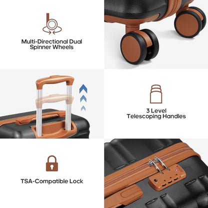 Carry On Luggage 22x14x9 Airline Approved, 3 Piece Set with Backpack - color: Black, size: 3 piece set (20inch)
