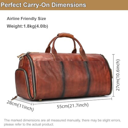 Genuine Leather Convertible Garment Duffle Bag for Men, 2 in 1 Suit Travel Bag with Shoe Compartment, Business Trip Weekender Overnight Bag, Brown - color: 01 Wiped Coffee Brown