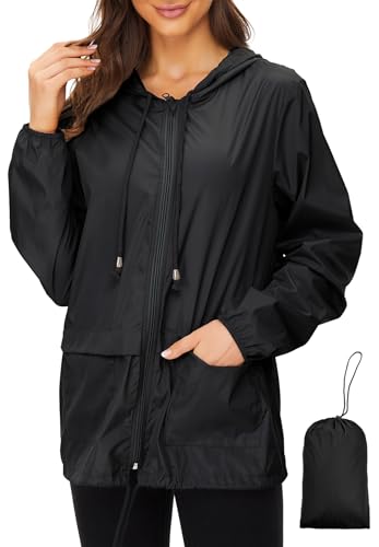 Zando Lightweight Rain Jacket Women Packable Waterproof Raincoat with Hood - color: Solid Black, size: 3X-Large