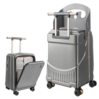 Ride On Suitcase for Kids Ages 2-12, Widened Handle Luggage with Seat & Front Pocket, Lightweight Hardshell Travel Case with 360° Silent Spinner Wheels and TSA Approved Lock,Grey - color: Grey