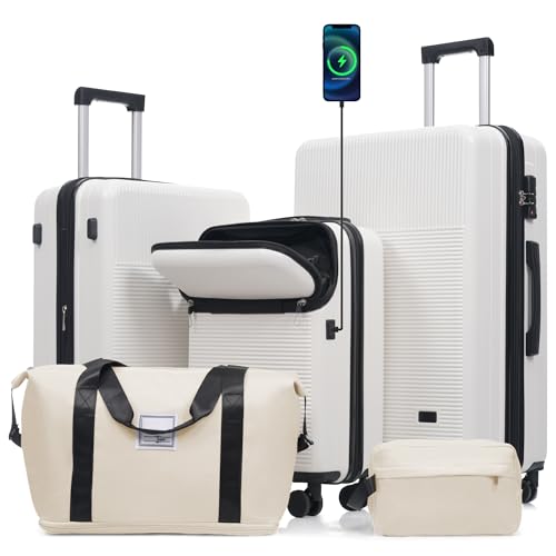 5-Piece White Hardside Luggage Set, Half-Opening Carry-On with Double Spinner Wheels, Lightweight Travel Case, USB Port, TSA Lock - color: White