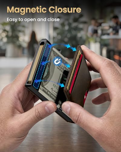 Wallet for Men Card Holder: Pop Up Card Case, Genuine Leather, Smart, RFID Blocking, Slim, Minimalist, Thin, Front Pocket - 12 Card Capacity, ID Window, Money Clip (Bronze) - color: Bronze