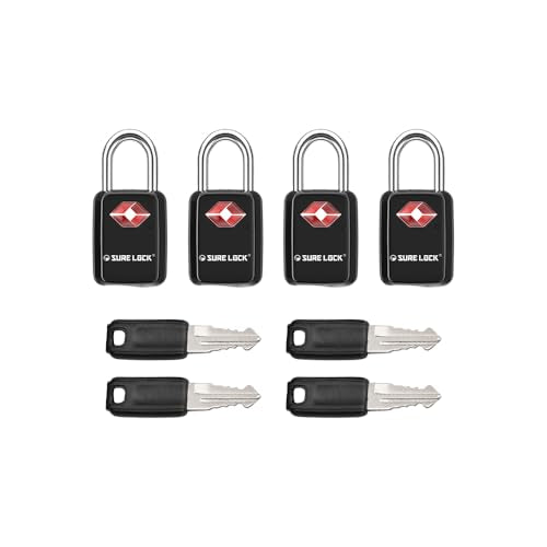 SURE LOCK Mini TSA Approved Keyed Luggage Lock – One Key Opens All, Fits Tight Zipper Gaps & Small Pull Holes, Compact Travel Lock for Suitcases, Backpacks & Handbags - color: BLACK 4 LOCKS