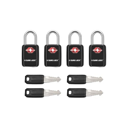 SURE LOCK Mini TSA Approved Keyed Luggage Lock – One Key Opens All, Fits Tight Zipper Gaps & Small Pull Holes, Compact Travel Lock for Suitcases, Backpacks & Handbags - color: BLACK 4 LOCKS