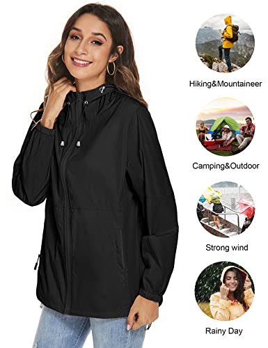 TCOT Womens Rain Jackets Waterproof Windbreaker Jackets lightweight Portable Rain Coat - color: Black, size: Medium