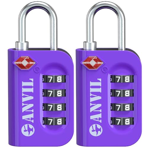ANVIL TSA Approved Luggage Lock - 4 Digit Combination, 10,000 Combinations, Easy-Read Password Window, Travel Lock for Suitcases, Backpacks, Gym & Student Lockers, Baggage - color: PURPLE 2 PACK