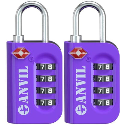 ANVIL TSA Approved Luggage Lock - 4 Digit Combination, 10,000 Combinations, Easy-Read Password Window, Travel Lock for Suitcases, Backpacks, Gym & Student Lockers, Baggage - color: PURPLE 2 PACK