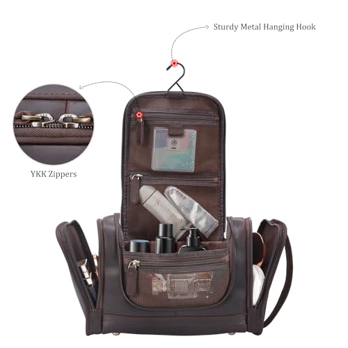 Polare Full Grain Leather Toiletry Bag Travel Dopp Kit Makeup Cosmetic Organizer Shaving Kit Wash Case with Hanging Hook - color: A-Dark Brown