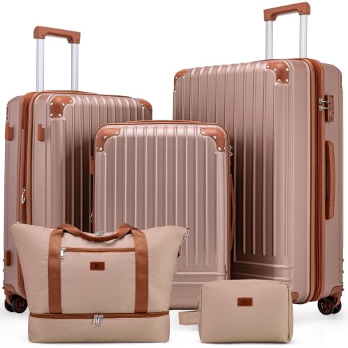 KUNEL Luggage Sets 5 Piece, Hardshell Expandable Suitcase, 20/24/28inch - color: RoseGold