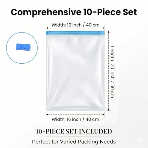 Compression Clear Bags 10 Pack for Travel Essentials, Roll Up No Vacuum Pump or Air Extractor Needed Space Saver Transparent Organizer, Reusable Storage Caddy for Clothes, Luggage, Closet, 20" x 16" - size: Small