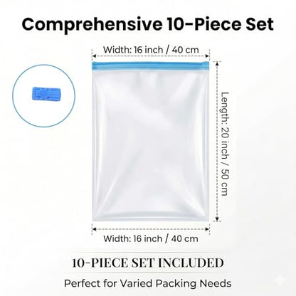 Compression Clear Bags 10 Pack for Travel Essentials, Roll Up No Vacuum Pump or Air Extractor Needed Space Saver Transparent Organizer, Reusable Storage Caddy for Clothes, Luggage, Closet, 20" x 16" - size: Small