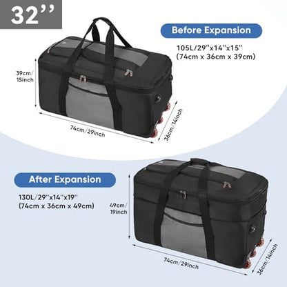 32-inch Rolling Duffle Bag with Wheels and Handle - color: Grey, size: 32"