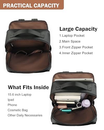 MASINTOR 15.6 inch PU Leather Laptop Backpack Purse for Women - color: Black